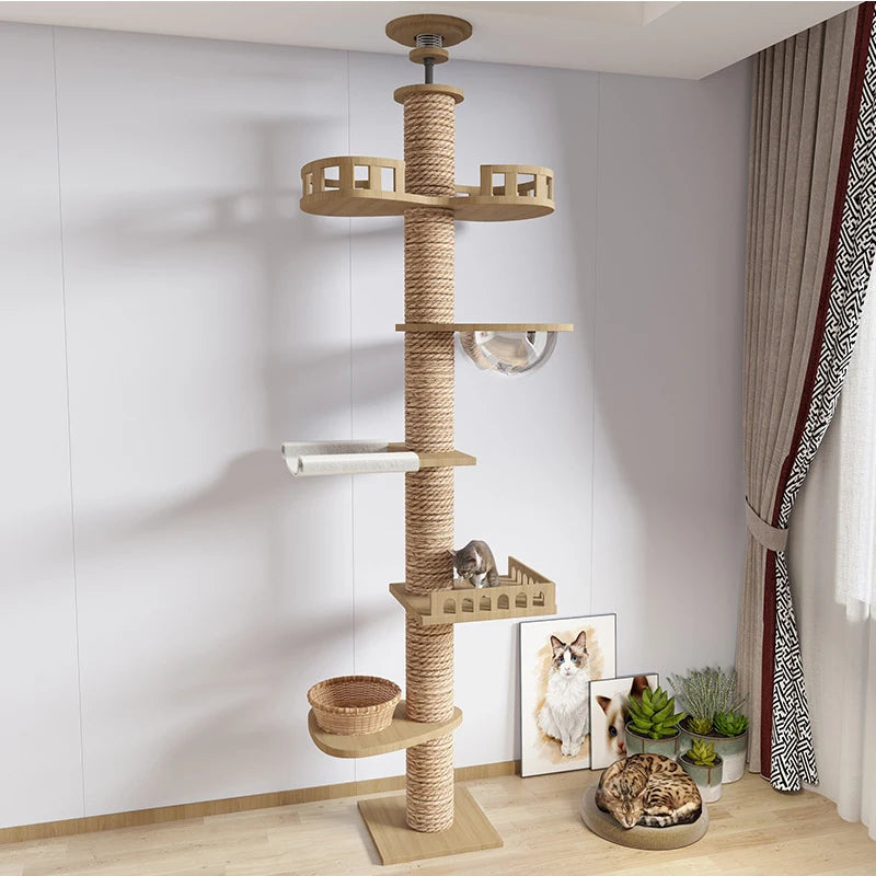 Adjustable Cat Tree House Tower Pet Condo Wooden House Multifunction Tower Soft Flannel Hammock Bed Cat Tree Floor To Ceiling