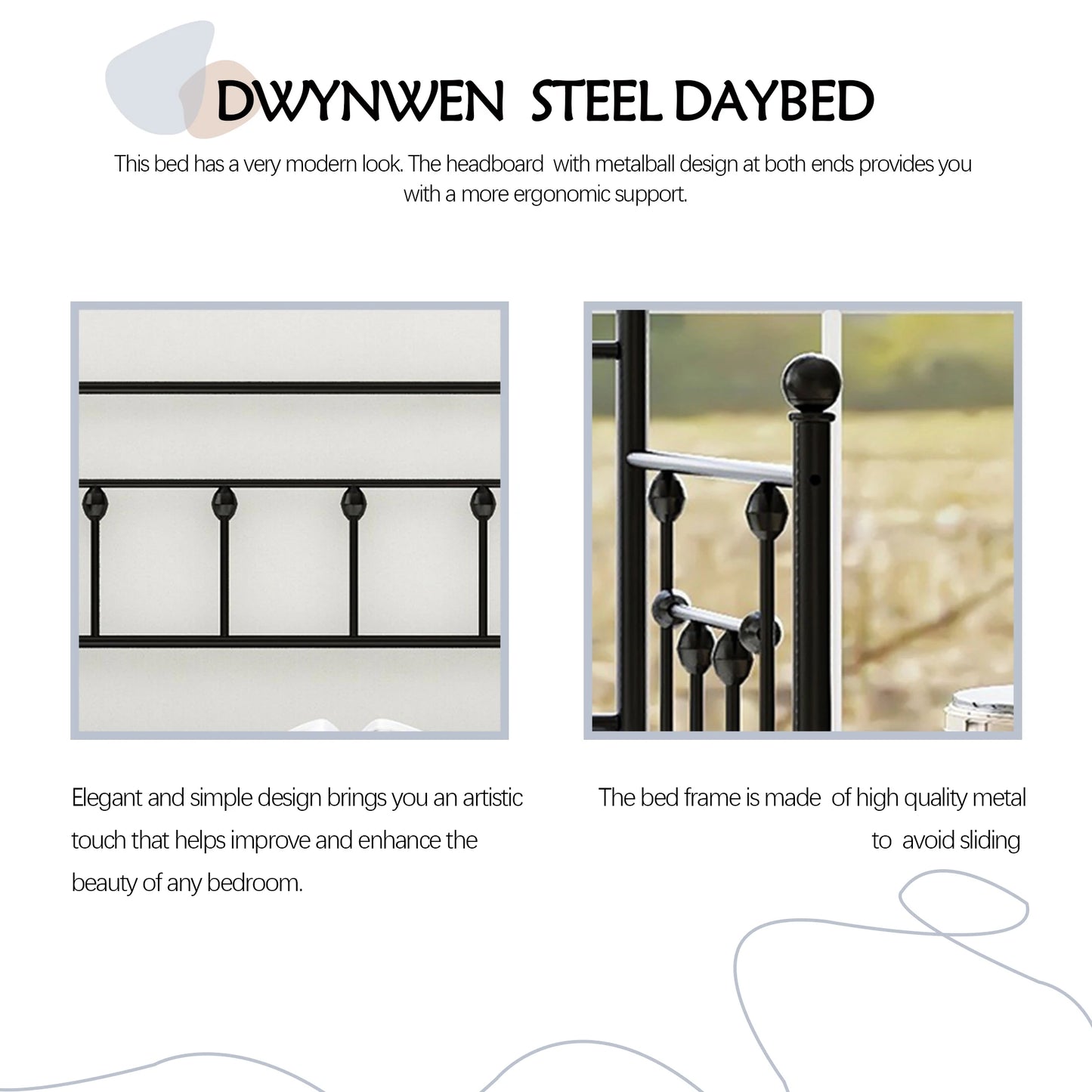 Daybed Frame Black Twin Size with Headboard Metal Steel Support Platform Mattress Foundation Bed Sofa No Box Spring