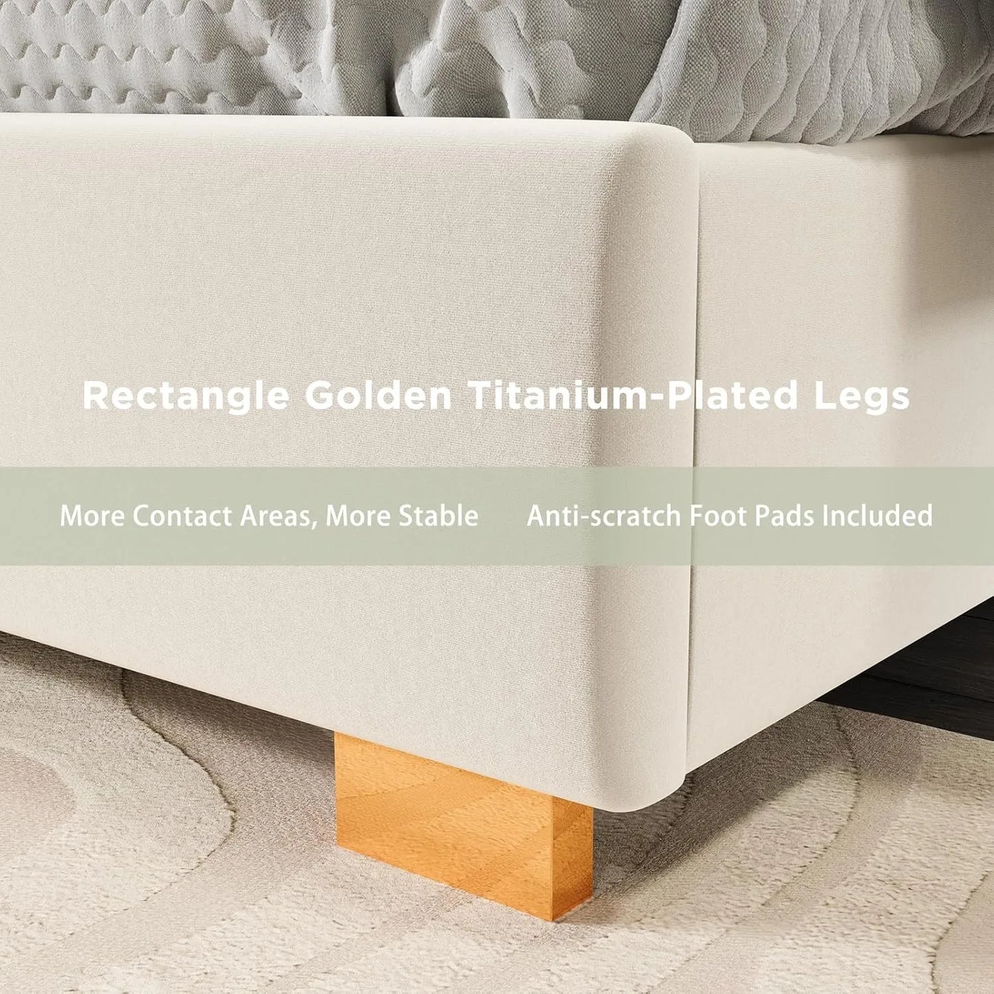 Queen Size Bed Frame and 61" Headboard, Upholstered Bed with Golden Plating Trim, Modern Platform Bed No Box Spring Needed,Cream