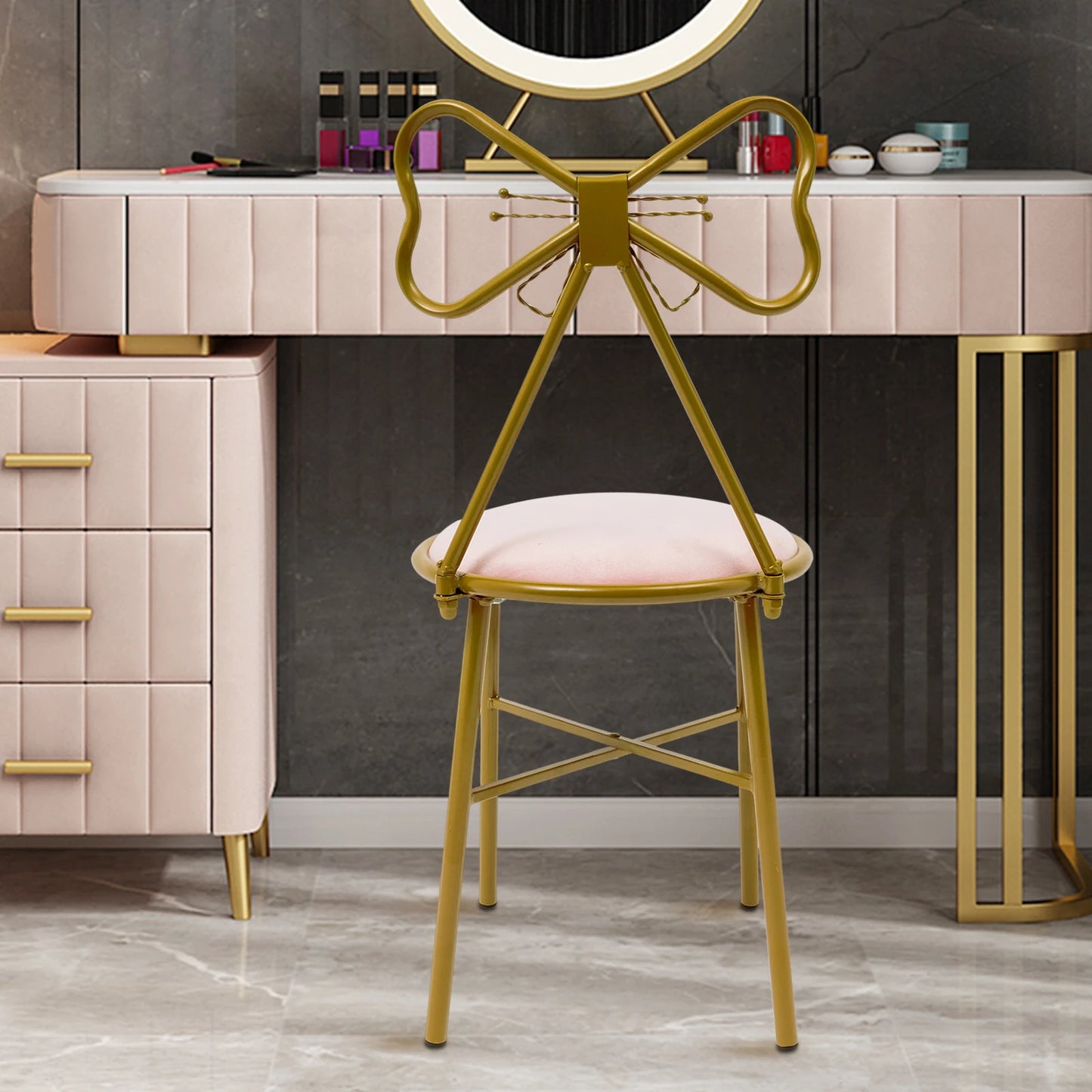 Vanity Stool Chair Makeup Modern Velvet Butterfly Accent Chair Pink Cute Girls Bow Knot Backrest Chair Bedroom Home Decor