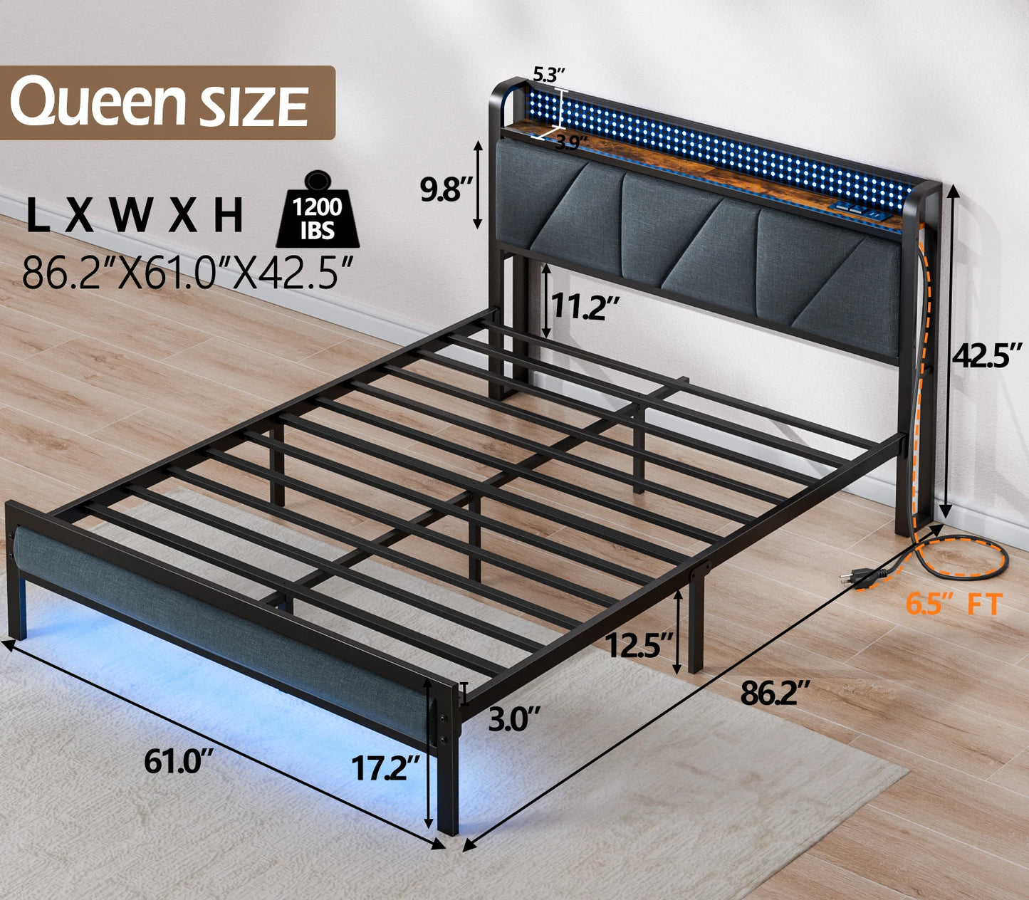 Full/Queen Bed Frame with Charging Station and LED Lights,USB Charging Station Headboard Upholstered Queen Size Metal bedstead