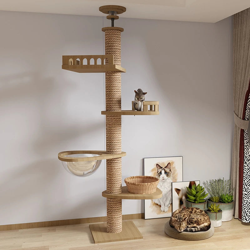 Adjustable Cat Tree House Tower Pet Condo Wooden House Multifunction Tower Soft Flannel Hammock Bed Cat Tree Floor To Ceiling