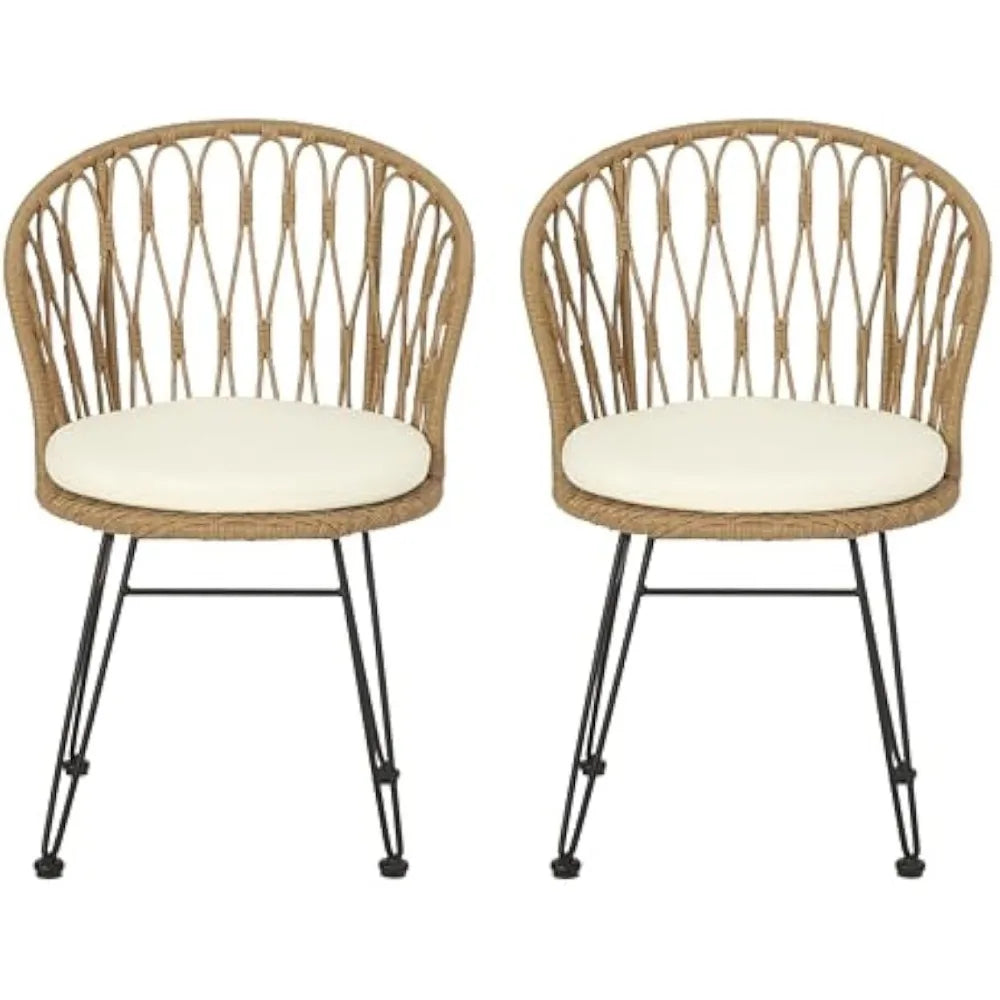 Outdoor Dining Chairs Set of 2, Wicker Outdoor Dining Chair with Cushion, Boho Industrial Style Rattan Dining Chairs, Patio Loun