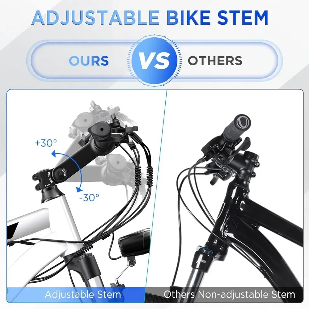 Electric Bike for Adults, 26'' 1000W Peak Ebike, Adjustable Stem, Fenders, Lockable Suspension Fork, 21-Speed