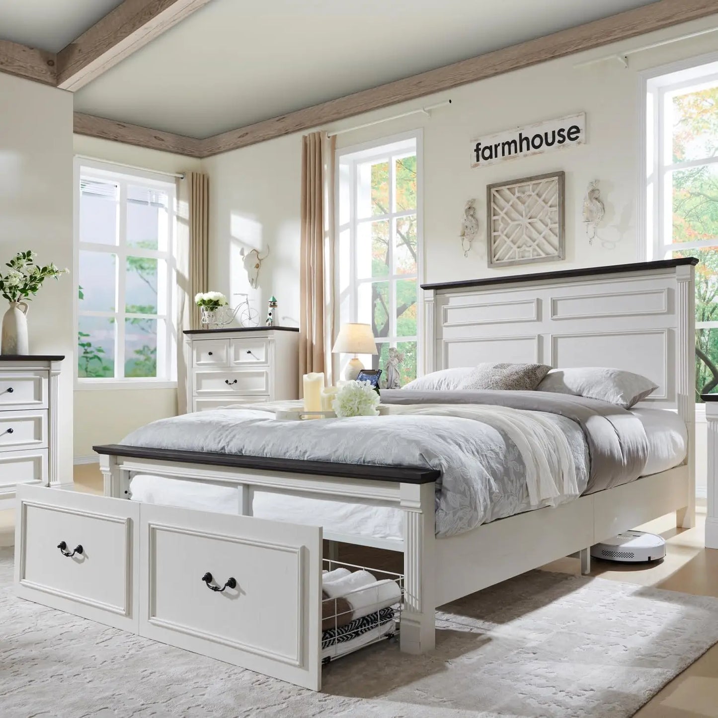 Farmhouse Queen Size Bed Frame, with 51" Tall Headboard, Wood Bed Frame with 20" Tall Footboard & 2 Large Storage Drawers