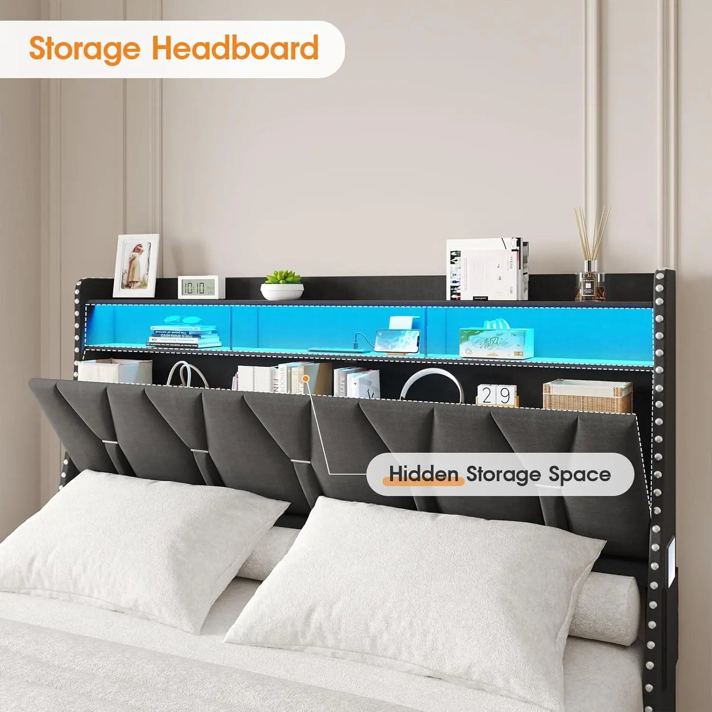 Vabches Queen Size Bed Frame with Headboard&4 Dustproof Storage Drawer Upholstered Platform Bed Frame with Power Strip&LED Light