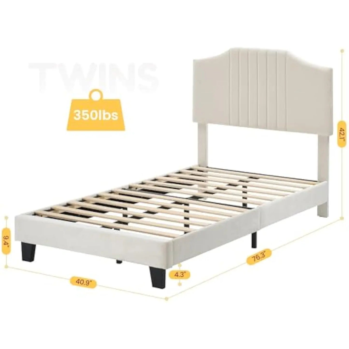 Twin Size Bed Frame - Velvet Upholstered Platform Bed Frame with Headboard for Girl Strong Wooden Slats Support, No Box Spring