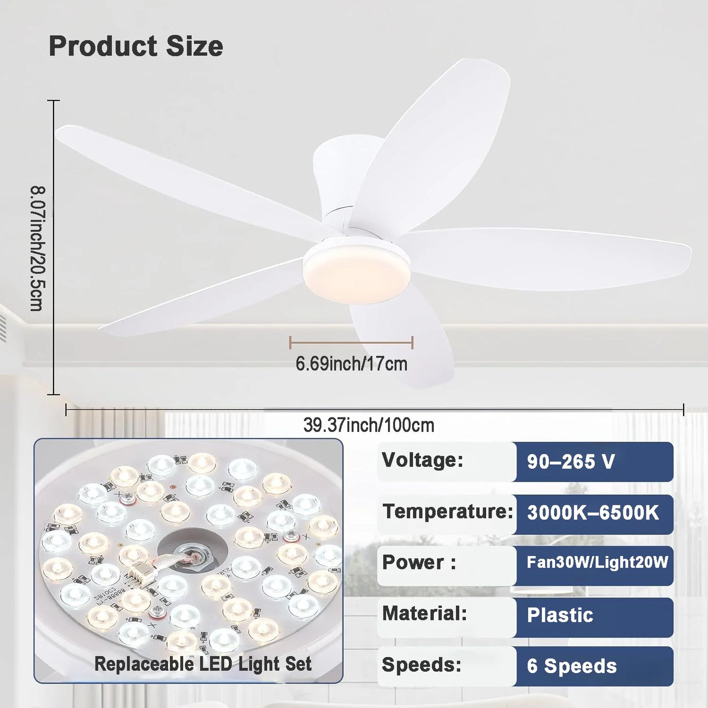 Ceiling Fans with Lights, Low Profile Ceiling Fan Light, Reversible, Dimmable, Noiseless, Ceiling Fan lamp for Indoor