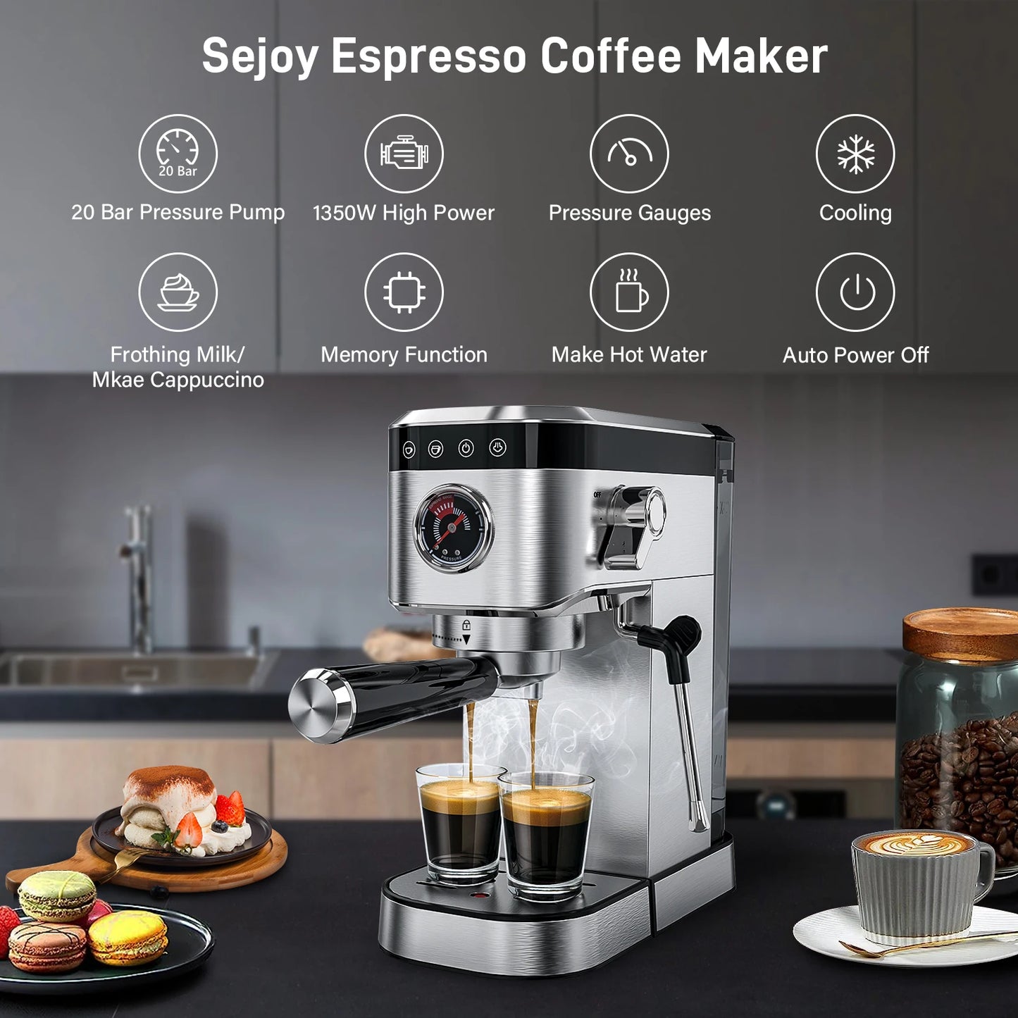 Sejoy Espresso Machine 20Bar Espresso Maker, Dual Boiler Coffee Maker with Milk Frother, Semi-automatic Coffee Machine