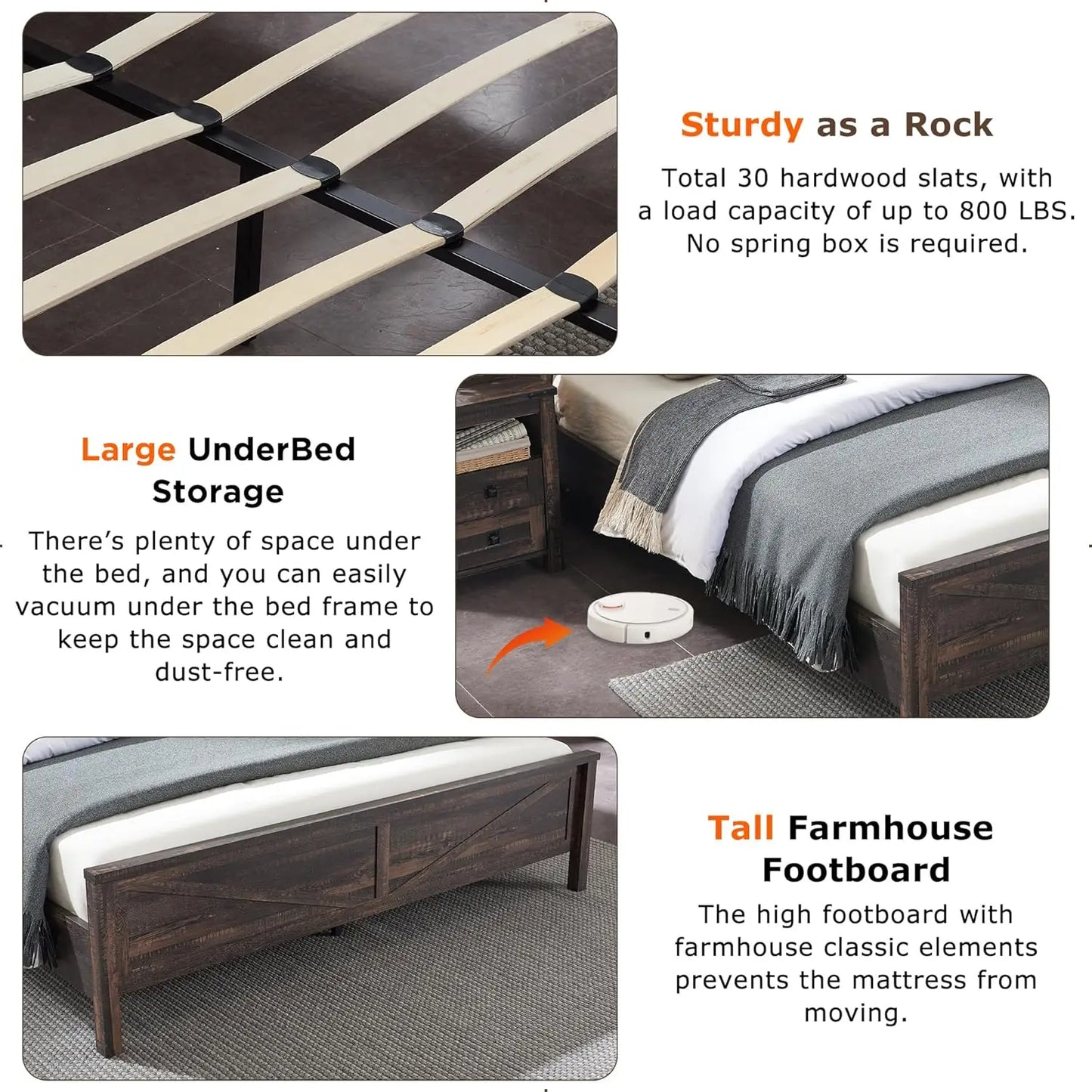 Farmhouse King Size Bed Frame w/Storage Bookcase Headboard Sliding Barn Door Charging Station Rustic Wood Platform Bed Wood Slat