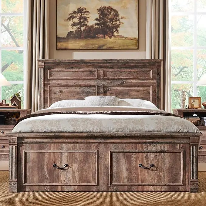 Farmhouse Queen Size Bed Frame, with 51" Tall Headboard, Wood Bed Frame with 20" Tall Footboard & 2 Large Storage Drawers