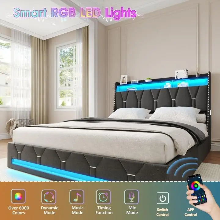 Vabches Queen Size Bed Frame with Headboard&4 Dustproof Storage Drawer Upholstered Platform Bed Frame with Power Strip&LED Light