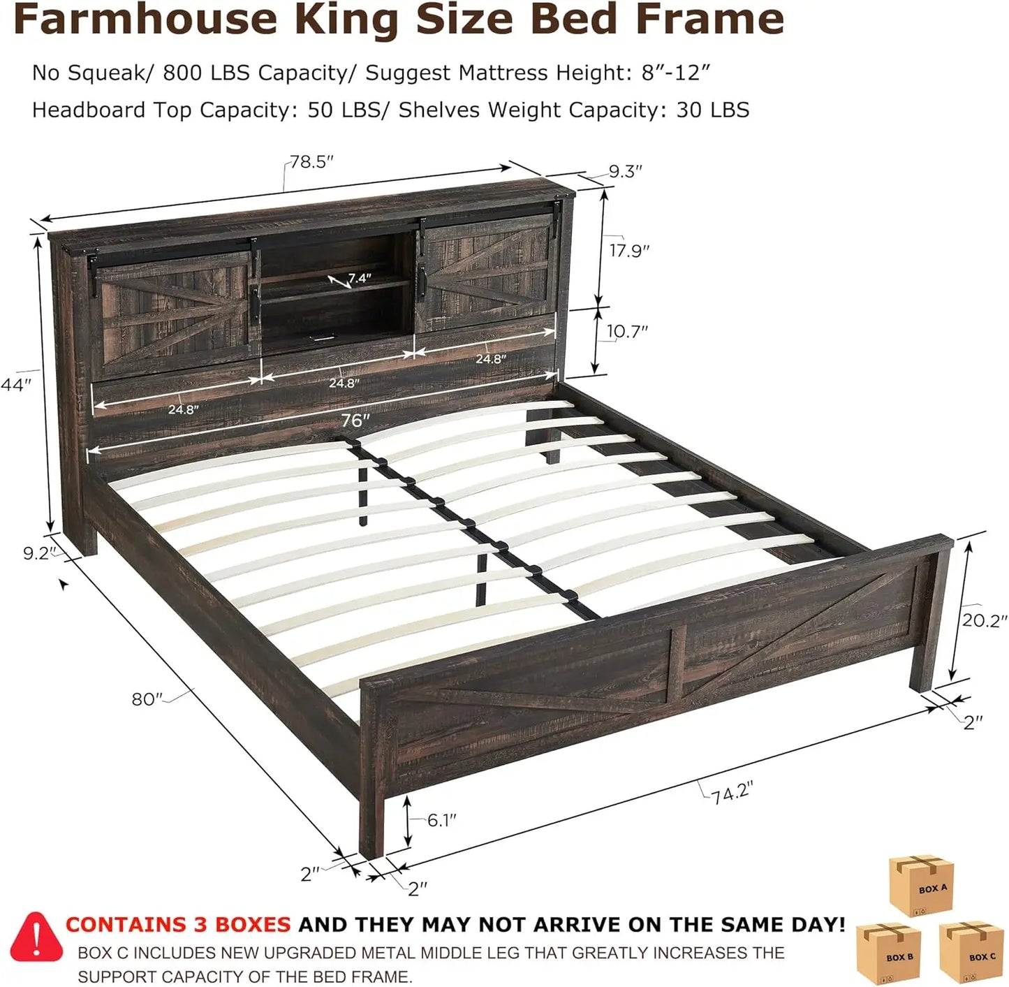 Farmhouse King Size Bed Frame w/Storage Bookcase Headboard Sliding Barn Door Charging Station Rustic Wood Platform Bed Wood Slat
