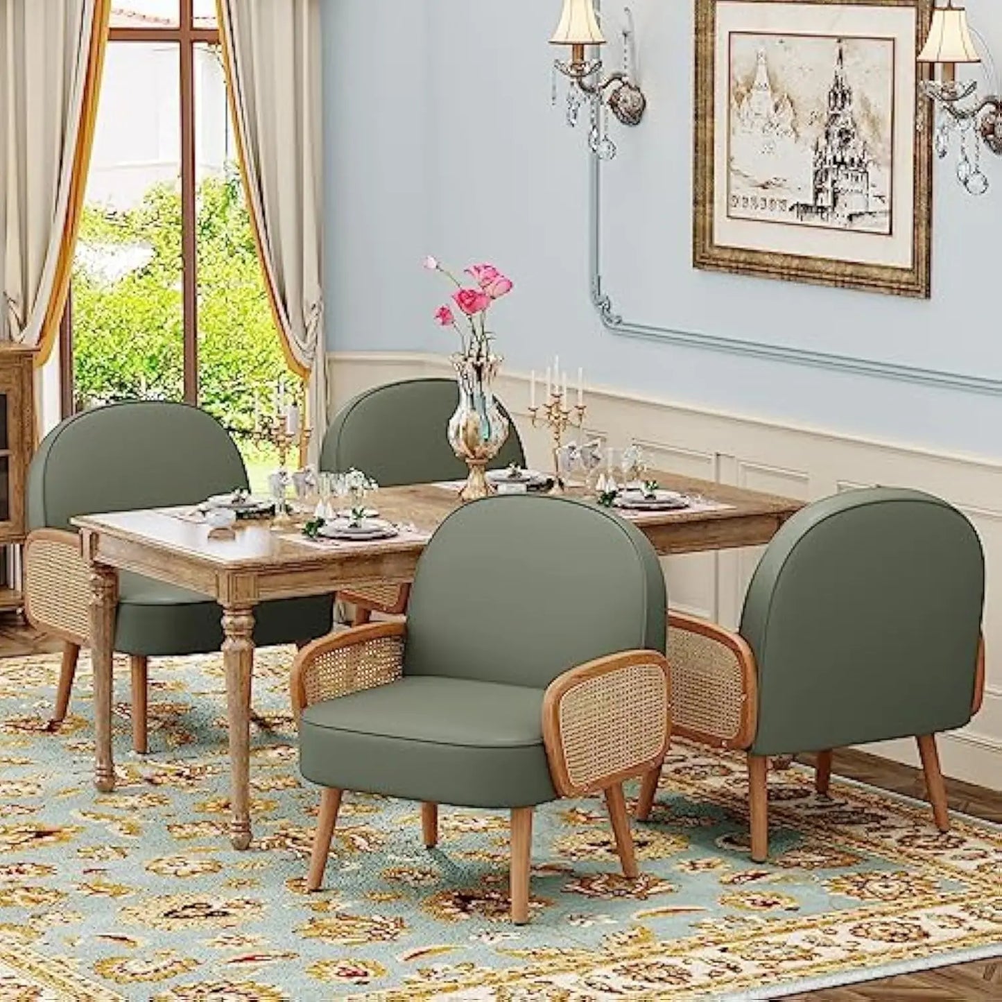 Mid Century Modern Accent Chair Armchair with Rattan Arms Upholstered Rattan Boho Accent Chair for Living Room Bedroom Balcony