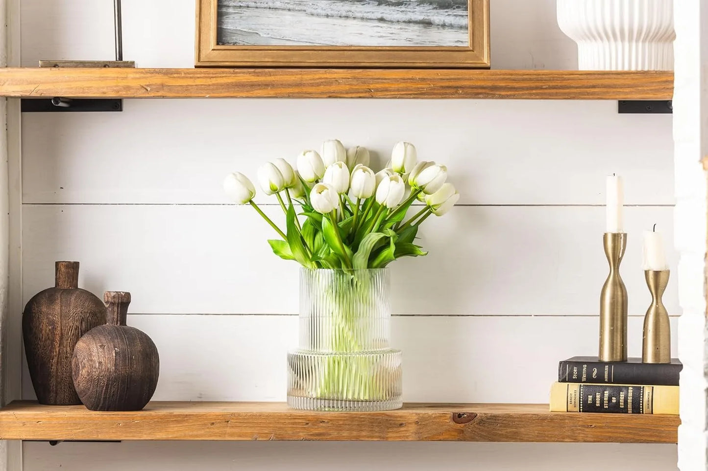 Tulip and Vase Ribbed Glass with 20 White Tulips Artificial Flowers Gift Set Fluted Clear Flower Short Vase and Fake Tulips