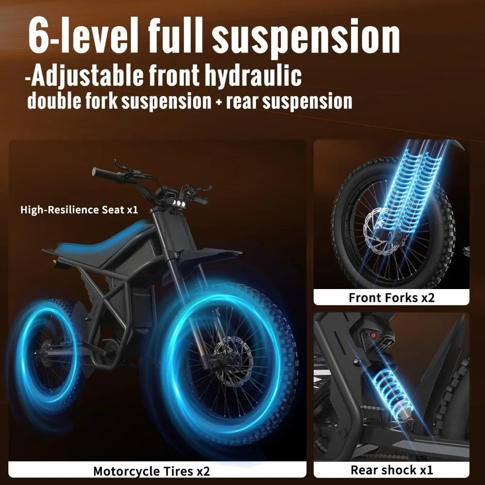 Electric Dirt Bike for Adults 2000W(Peak), with 25 Inch Tires, Max 37 MPH & 85 Mile Long Range, Dual Battery Electric Bike