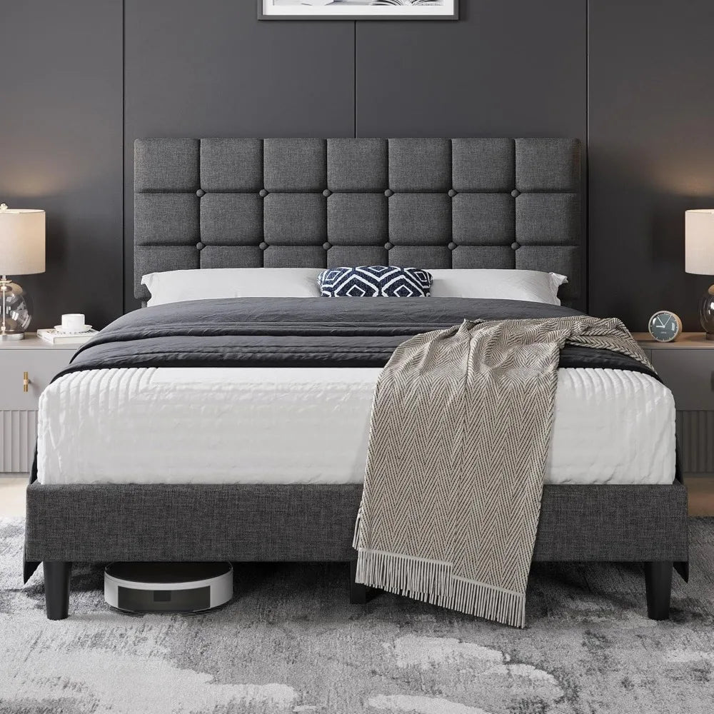 Bed Frame, Modern Full Bed Platform with Square Stitched&Button Tufting Headboard Height Adjustable, Full Size, Dark Gray