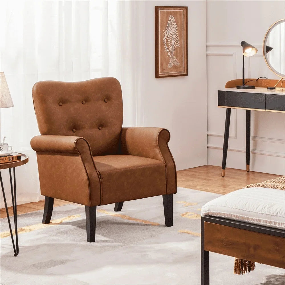 Tufted High Back Faux Leather Accent Chair Stylish Mid-Century Armchair Comfortable Living Room Furniture Retro Design