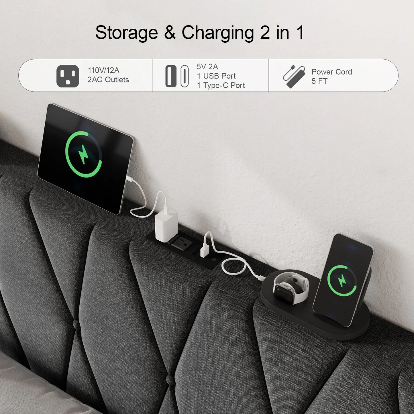 Queen Bed Frame with HeadBoard,Linen Upholstered Platform Bed Frame with Charging & Storage,No Box Spring Needed,Dark Grey