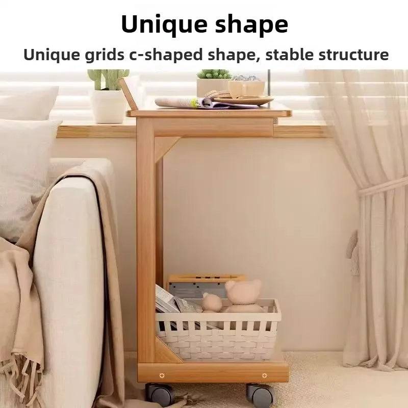 Sofa edge table, movable coffee table with wheels, minimalist mini living room, solid wood bedroom, bedside table, storage rack