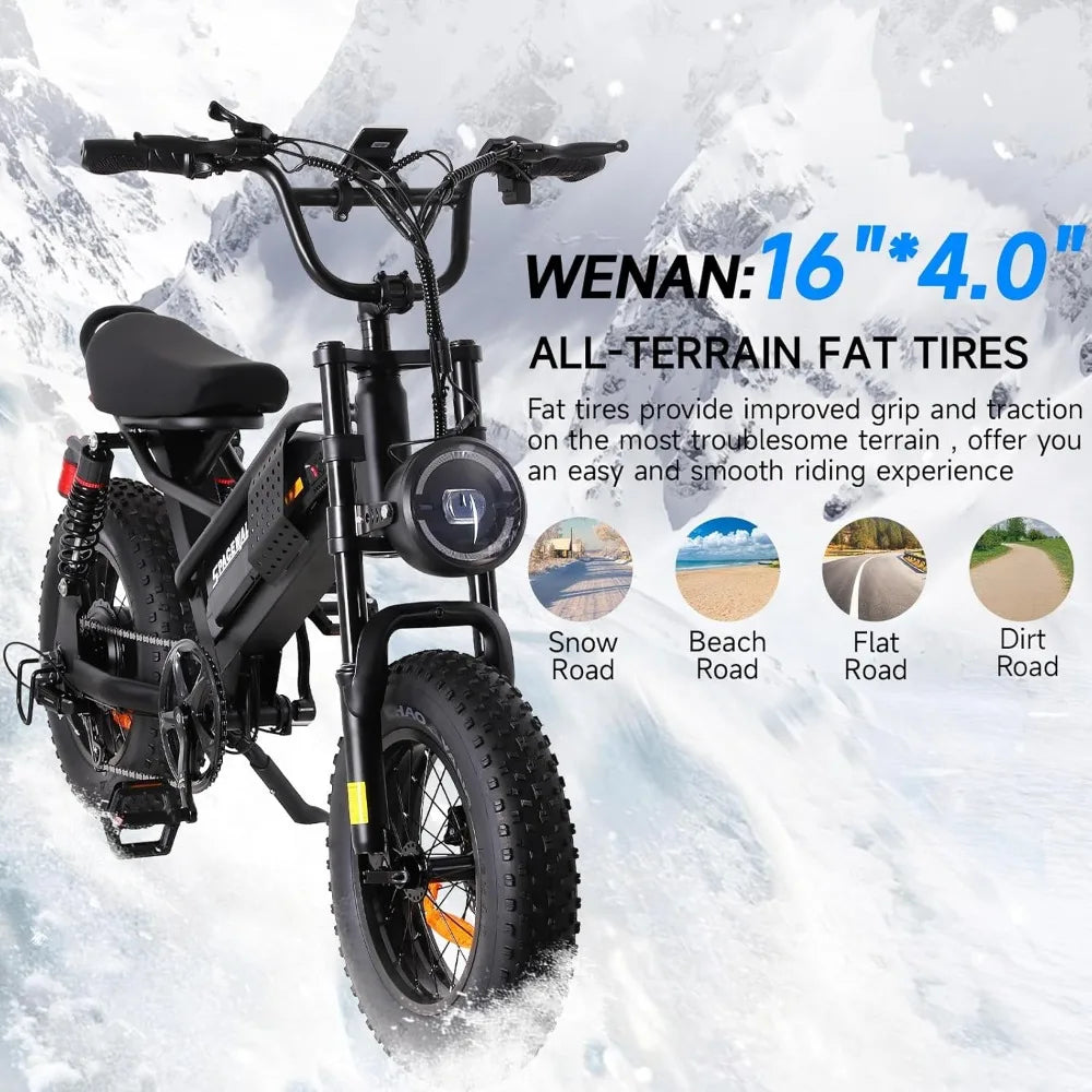 Electric Bike,16"/20" Fat Tire Ebike,Suitable for Riders under 5'2"or 5'5"&Above,750W Motor,48V 15Ah Removable Battery