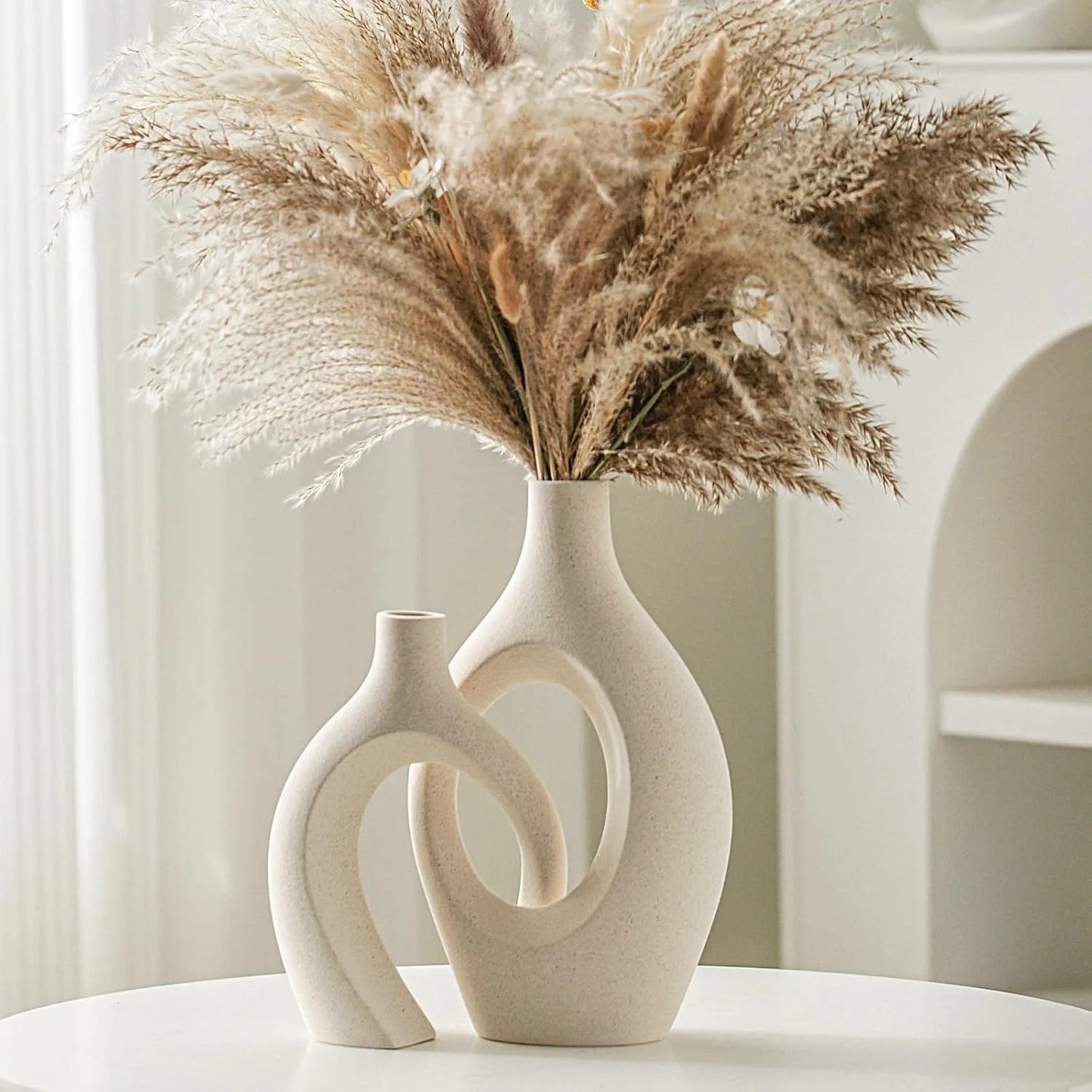 Snuggle Hollow Ceramic Vase Set of 2, Boho ins Style Nordic Mid Century Modern Aesthetic Decorative Vase(Cream W 6.8" X H 11")