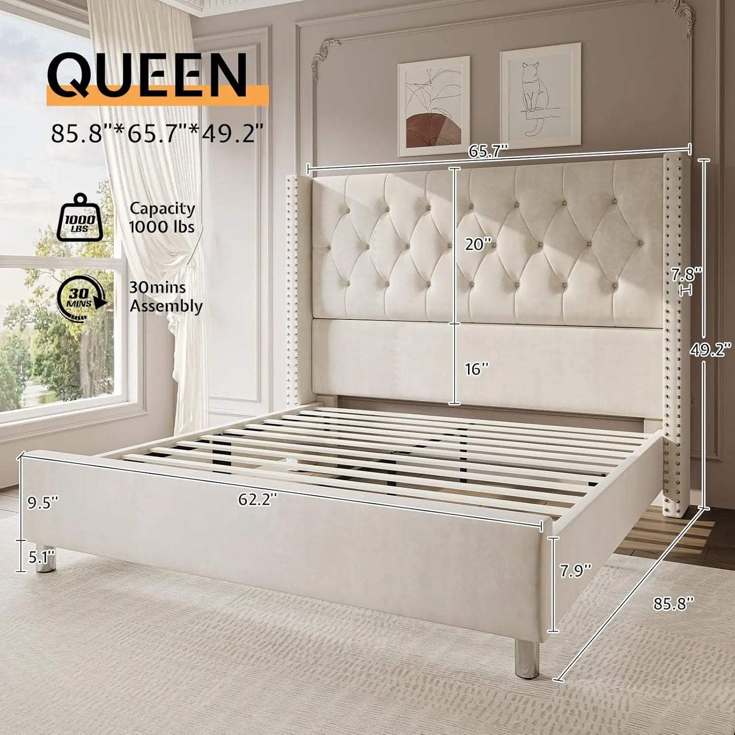 Jocisland Queen Bed Frame Upholstered Bed Wingback Headboard Velvet Tufted Diamond Button/No Box Spring Needed/Easy Assembly