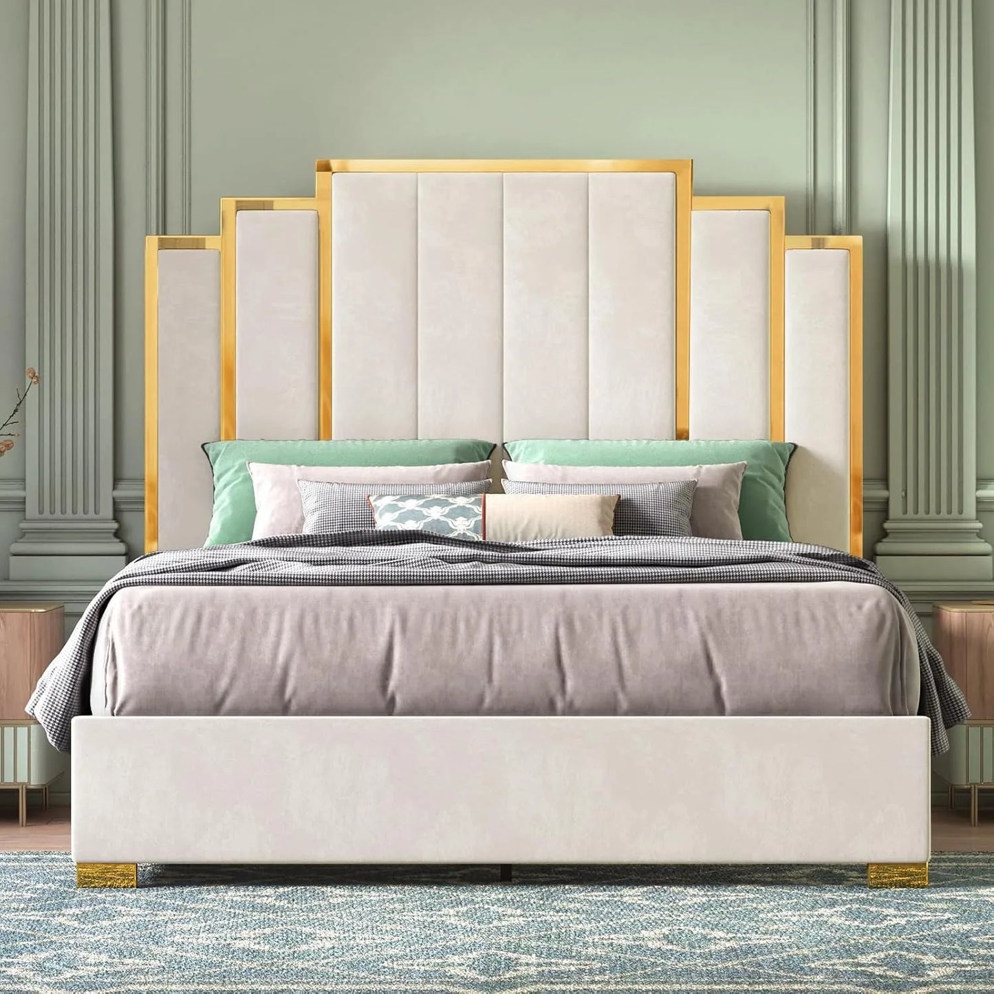 Queen Size Bed Frame and 61" Headboard, Upholstered Bed with Golden Plating Trim, Modern Platform Bed No Box Spring Needed,Cream