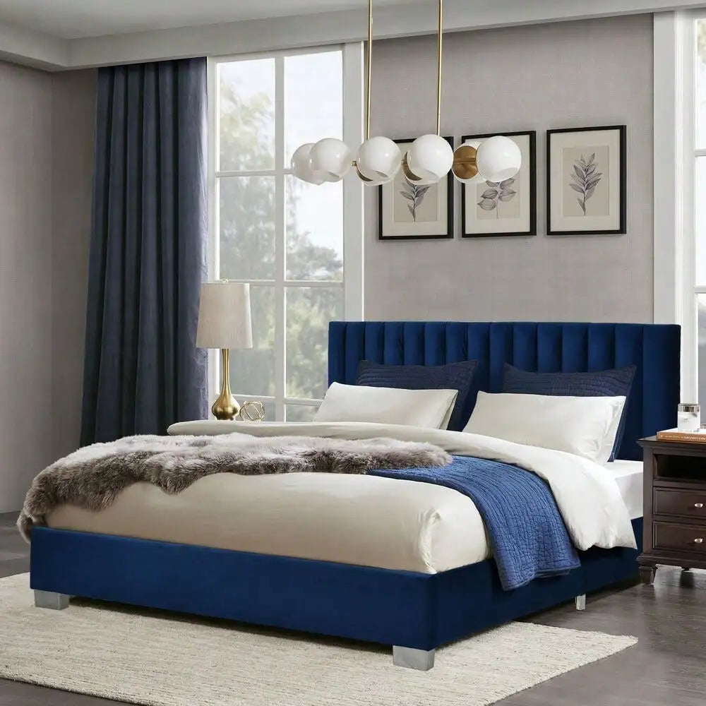 Full Tufted Upholstered Platform Bed Frame Flannel Headboard Navy Blue