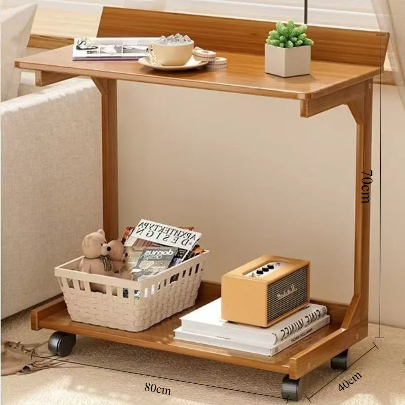 Sofa edge table, movable coffee table with wheels, minimalist mini living room, solid wood bedroom, bedside table, storage rack