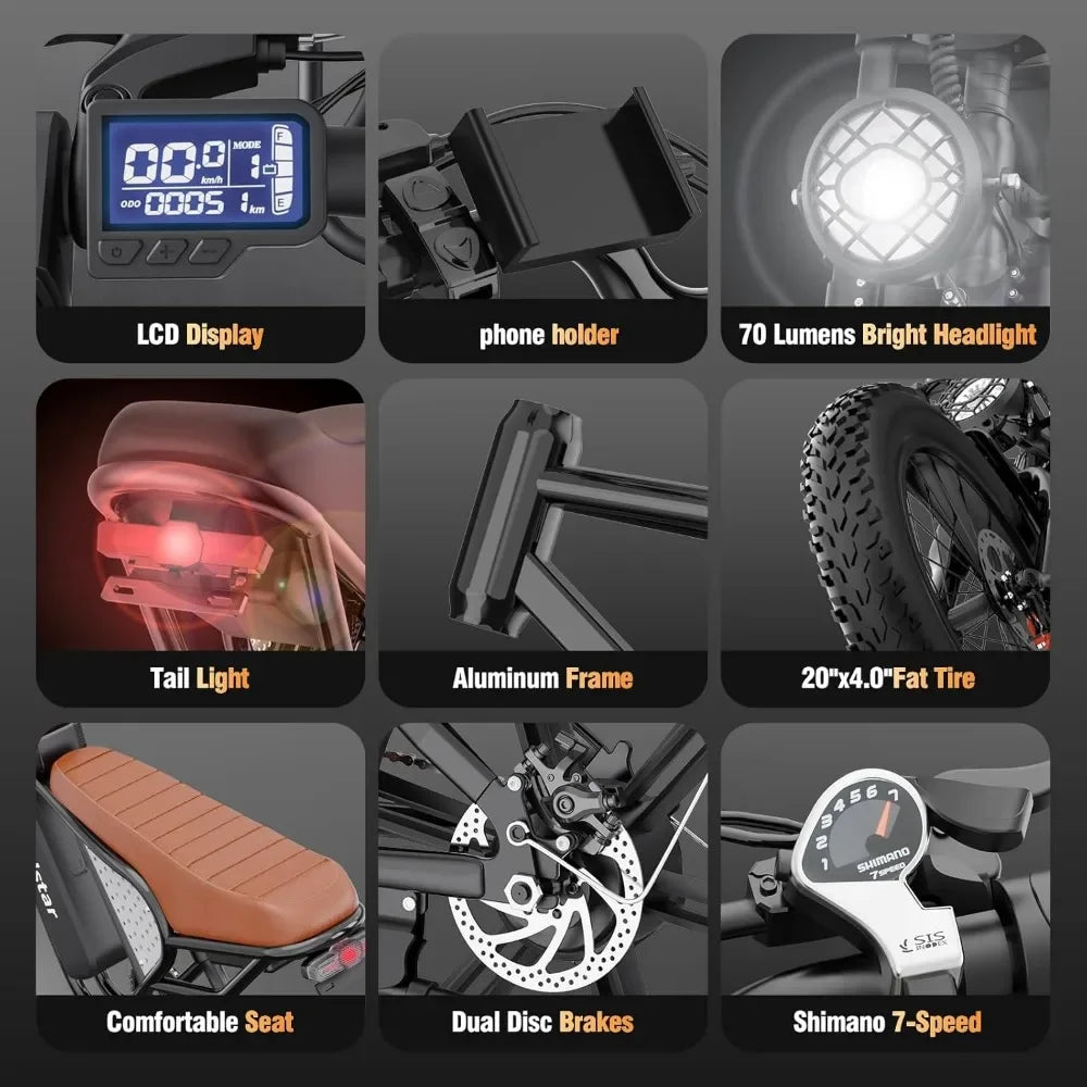 Electric Bike for Adults Q20, 1500W,30MPH,48V/15.6AH E-Bike,30-180 Miles Electric Motorcycle, 20" Fat Tire Dirt Bike,All Terrain