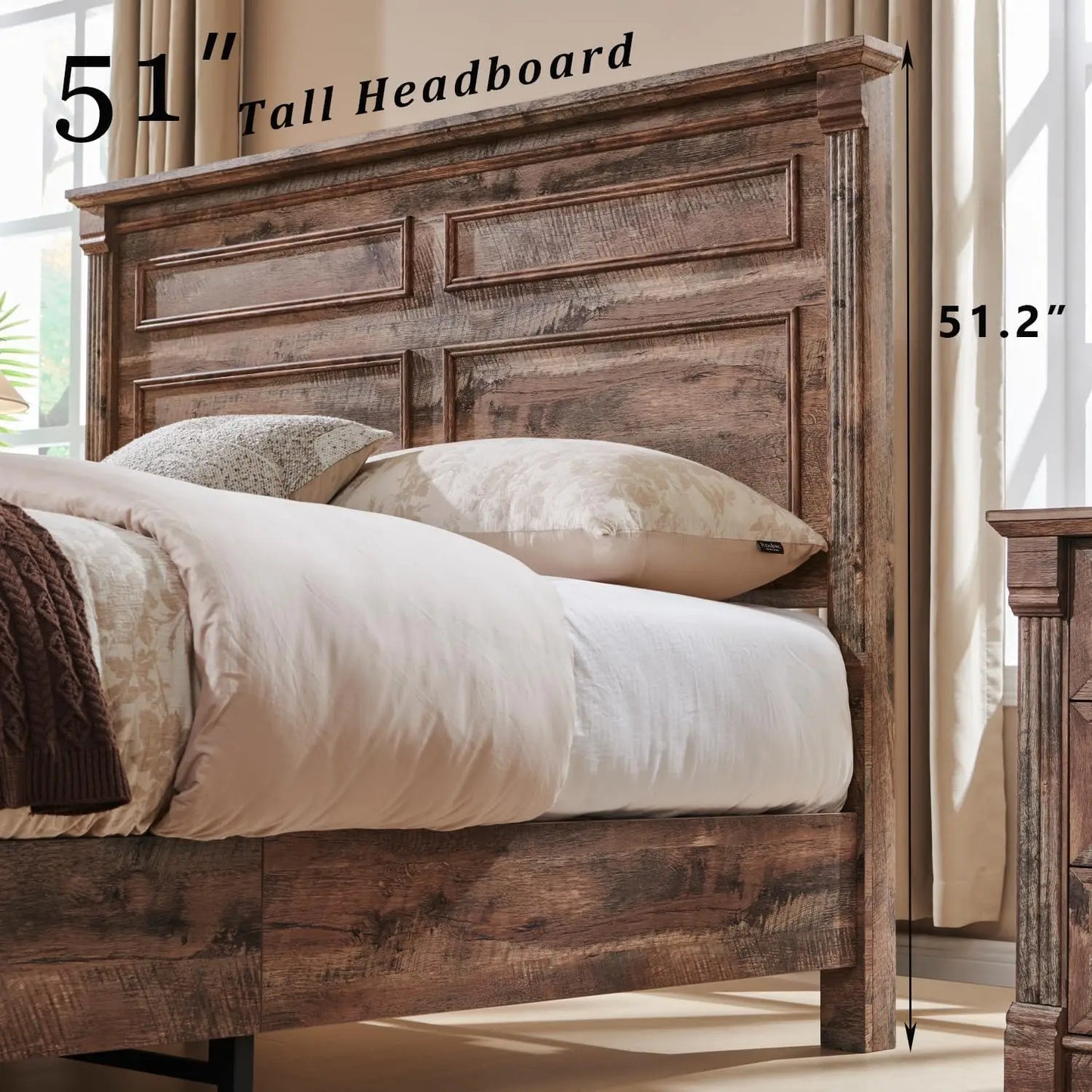 Farmhouse Queen Size Bed Frame, with 51" Tall Headboard, Wood Bed Frame with 20" Tall Footboard & 2 Large Storage Drawers