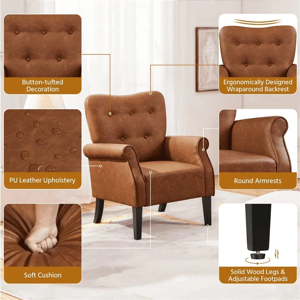 Tufted High Back Faux Leather Accent Chair Stylish Mid-Century Armchair Comfortable Living Room Furniture Retro Design