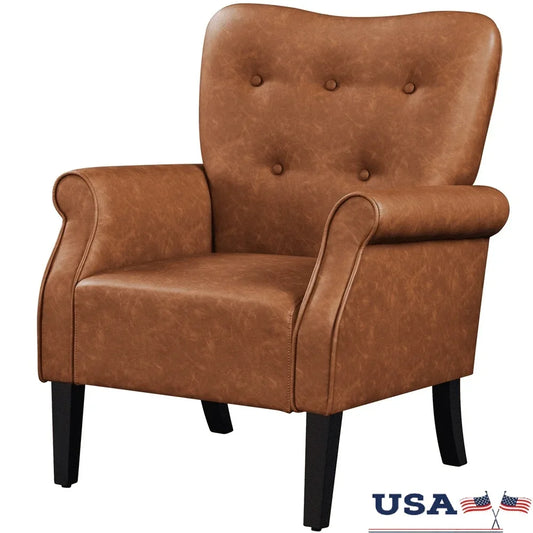 Tufted High Back Faux Leather Accent Chair Stylish Mid-Century Armchair Comfortable Living Room Furniture Retro Design