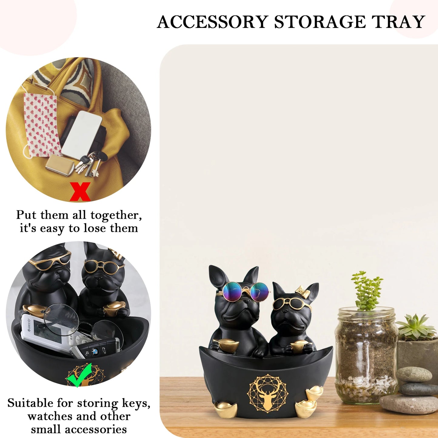 Resin Couple Dog Statue Decoration with Stainless Steel Disc Storage Statues Decor Simulated Art Props Good Gift for Living Room