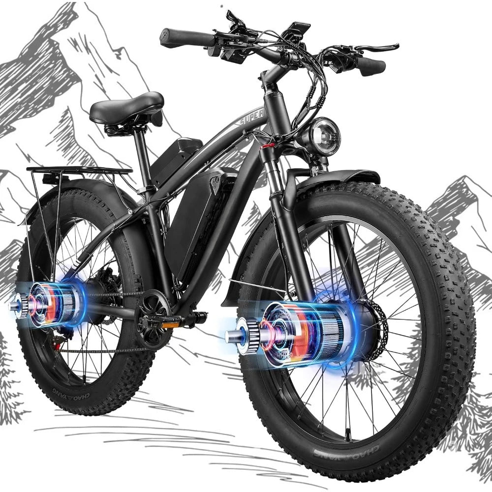 Dual Motor Ebike for Adults, 52V 23AH Large Battery Men Adult Fat Tire Electric Bike Peak 4000W 37MPH Electric Bicycles 7 Speed