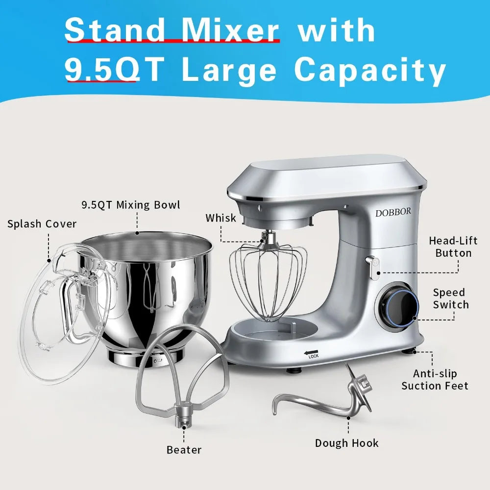 Electric Stand mixer, 9.5QT 660W 7Speeds Tilt-Head Dough Mixers, Bread Mixer with Dough Hook, Whisk, Beater, Splash Guard