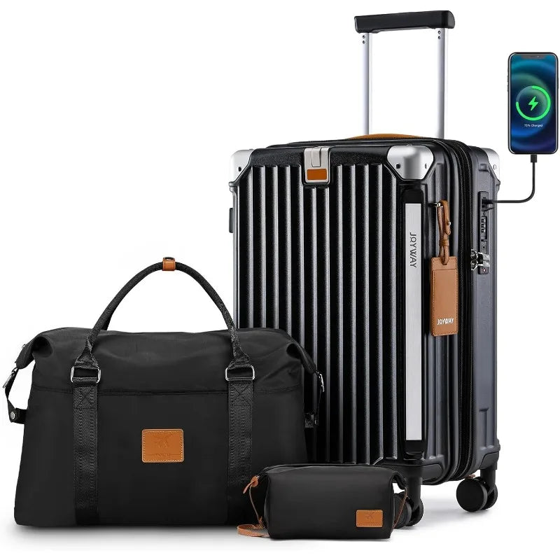 20in Carry On Luggage with Cup Holder and USB Port, 25% Expandable Capacity, Smart Suitcase with Anti Slip Wheels and Handbag