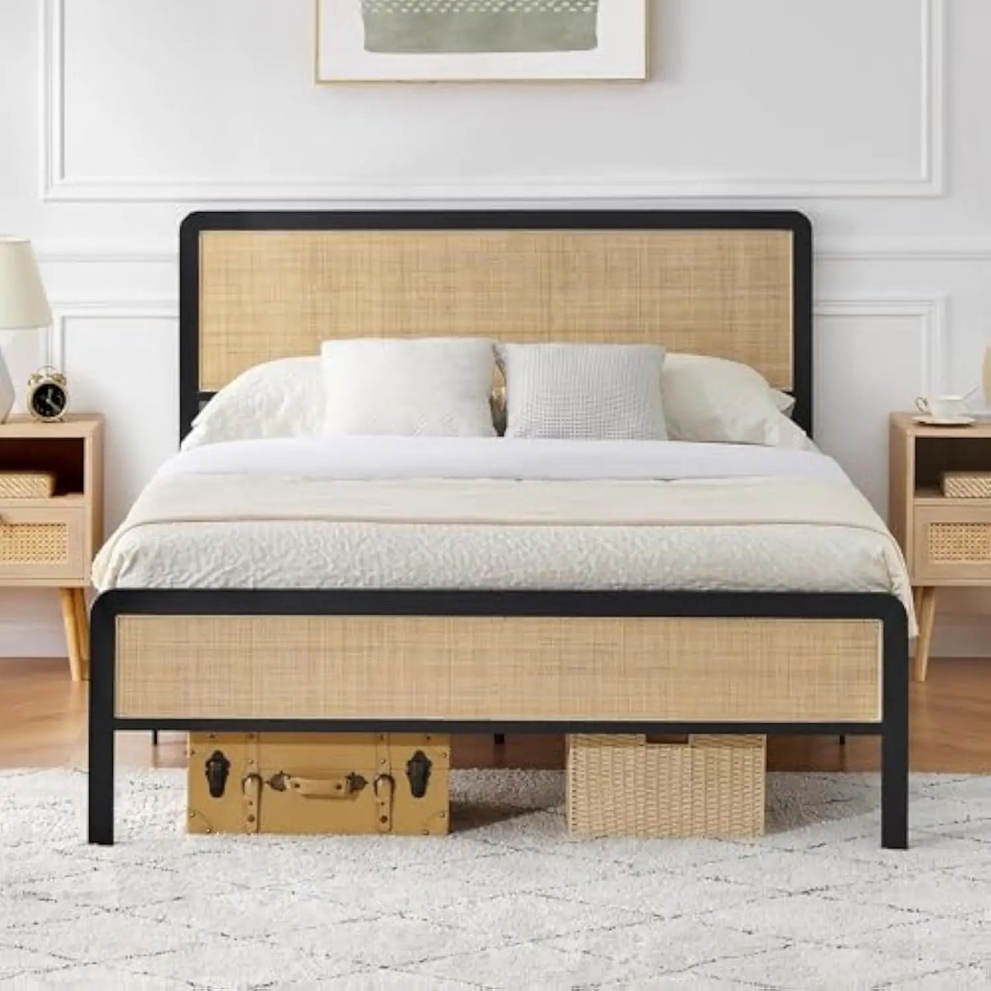 Rattan Full Size Bed Frame Full Size Bed Frame with Natural Rattan Headboard Bohemian Platform Bed Frame Strong Metal Slats Sup