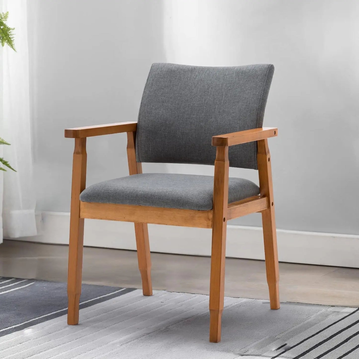 Set of 2 Mid Century Modern Walnut Dining Chairs Wood Arm Grey Fabric Kitchen Cafe Living Room Decor Furniture