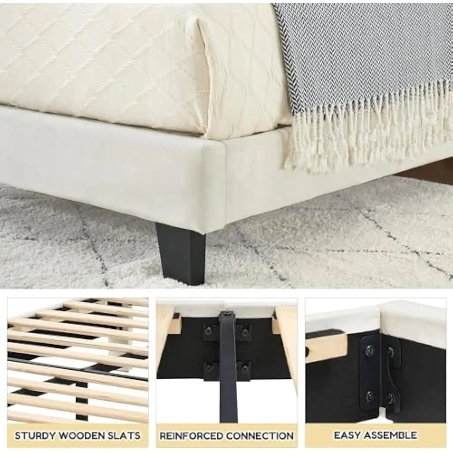 Twin Size Bed Frame - Velvet Upholstered Platform Bed Frame with Headboard for Girl Strong Wooden Slats Support, No Box Spring