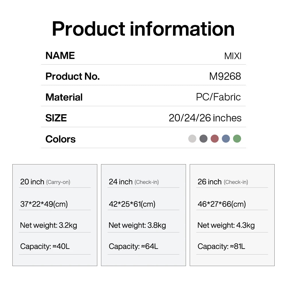 Mixi Carry On Luggage 20'' Suitcase Hardside Rolling Luggage Women Travel 24''26''Suitcases 100% PC Spinner Wheels TSA Lock