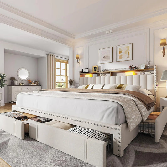 King Size Bed Frame with 4 Storage Drawers, Upholstered King Bed Frame and headboard with 2-Tier Shelves,Beige