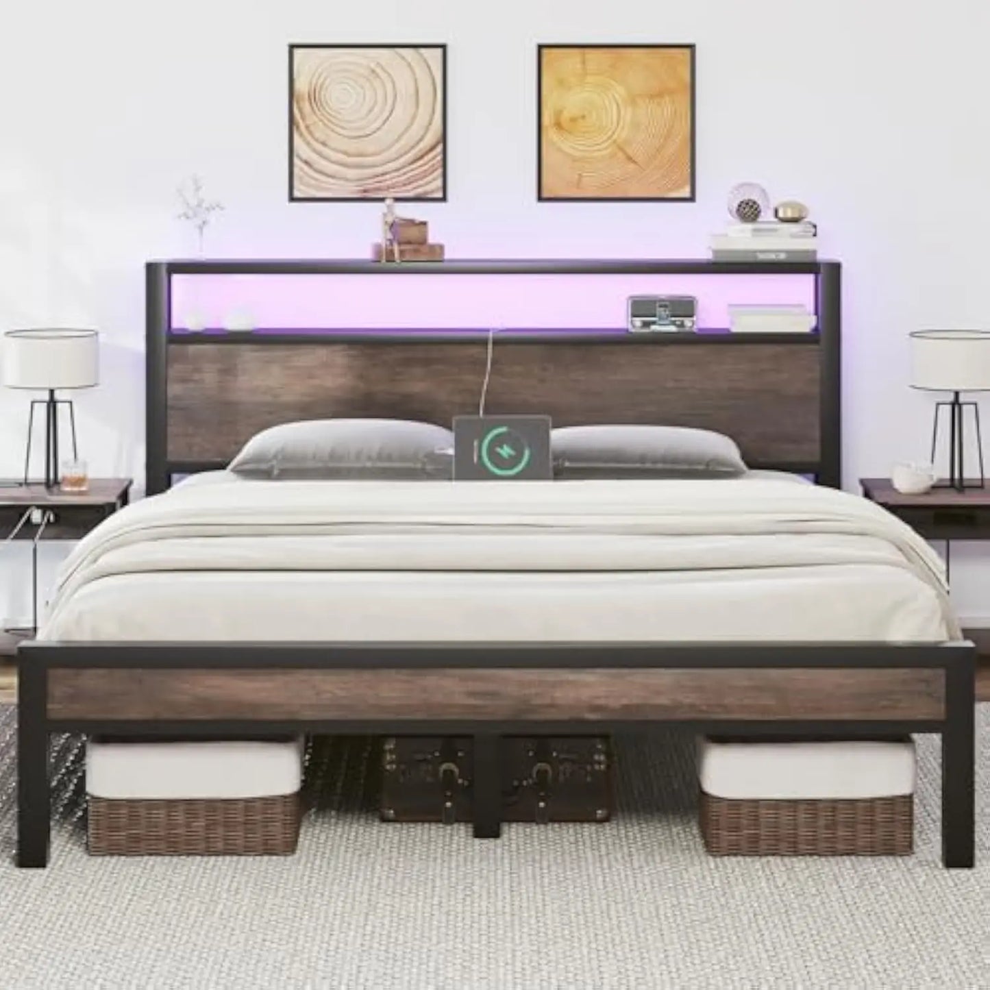 Full Size Bed Frame with 2-Tier Storage Headboard, Industrial Metal Platform Bed with LED Lights and Charging Station, Noise Fr