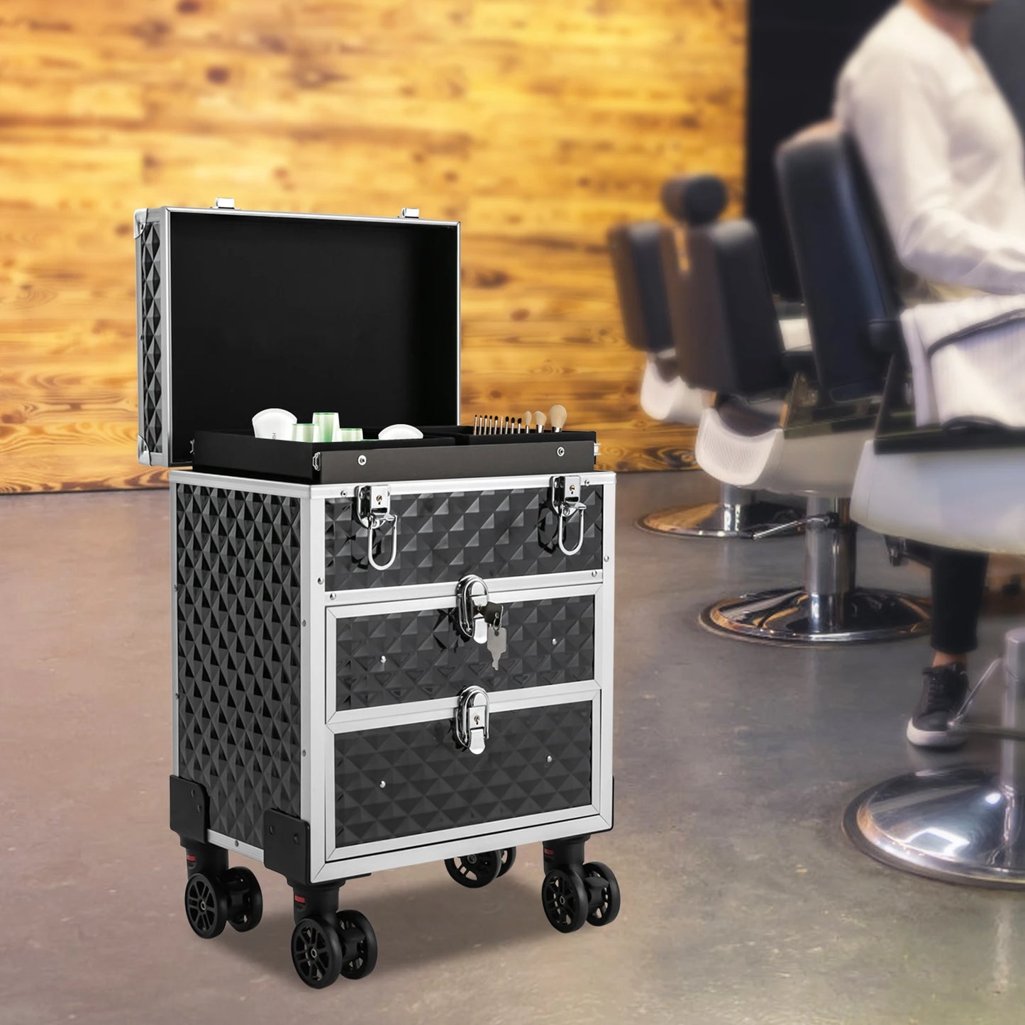 Professional Rolling Makeup Case Large Capacity Aluminum Trolley Case Portable Multifunctional Makeup Case with Drawers
