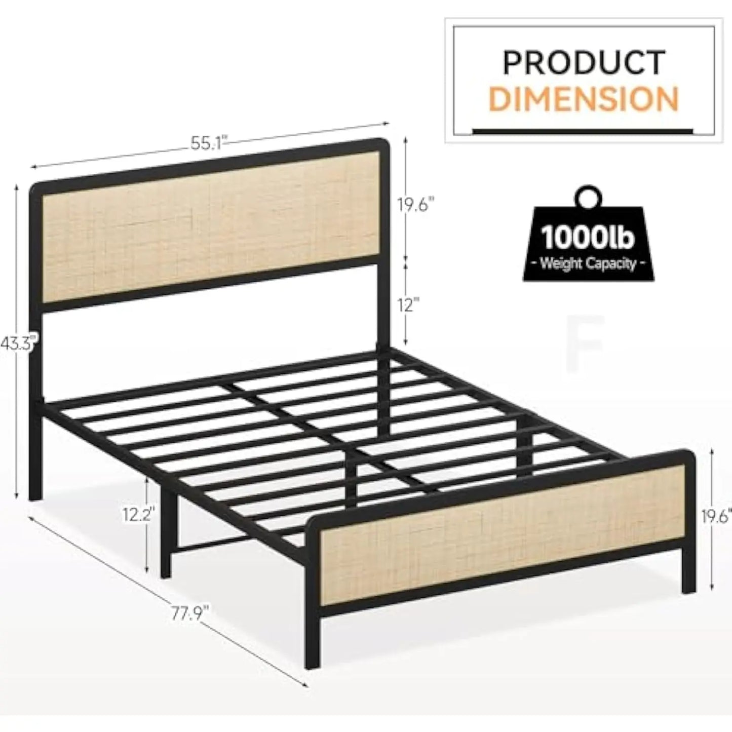 Rattan Full Size Bed Frame Full Size Bed Frame with Natural Rattan Headboard Bohemian Platform Bed Frame Strong Metal Slats Sup