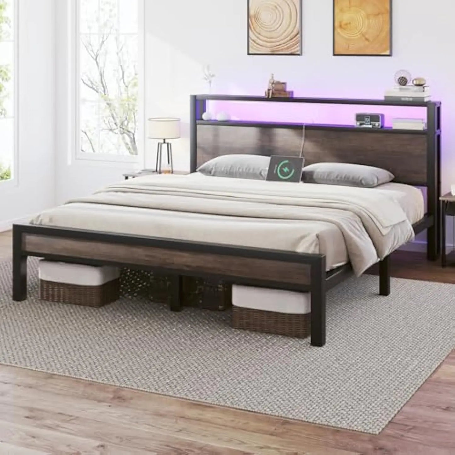 Full Size Bed Frame with 2-Tier Storage Headboard, Industrial Metal Platform Bed with LED Lights and Charging Station, Noise Fr