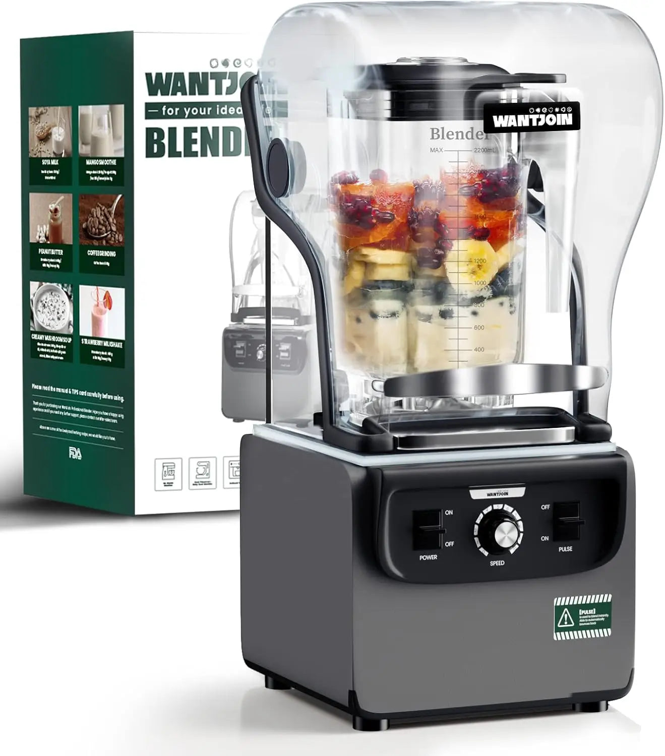 Wantjoin Professional Blender, Commercial Quiet Blender Soundproof Blender 2200ml With Blender Cover for Kitchen 1800W