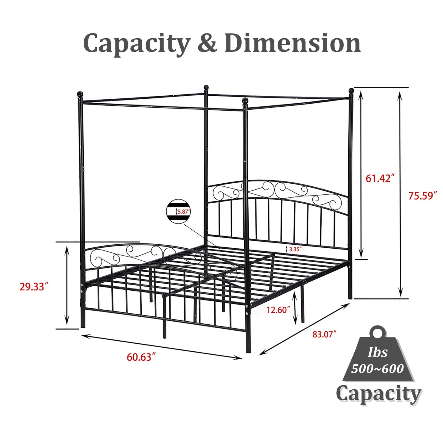 Canopy Bed Frame Four-Poster Metal Platform with Headboard and Footboard Sturdy Heavy Duty Steel Slat Support