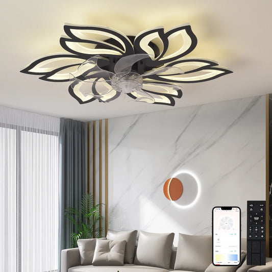 Ceiling mounted fan light with silent fan, adjustable wind speed, dimmable LED lighting, equipped with remote control